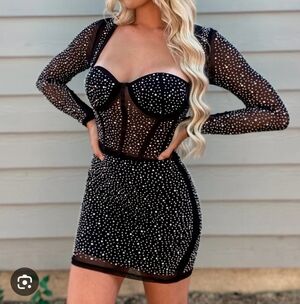 Top Chic black Sheermesh rhinestone Corset Top long sleeve dress size Large